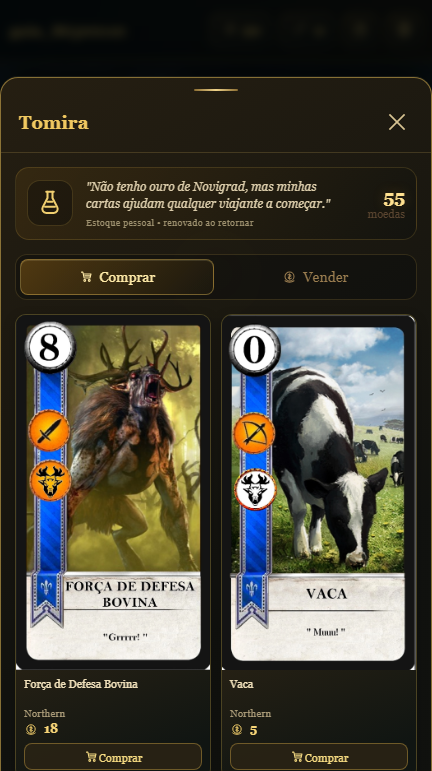 Tela de comerciante do Gwent RPG