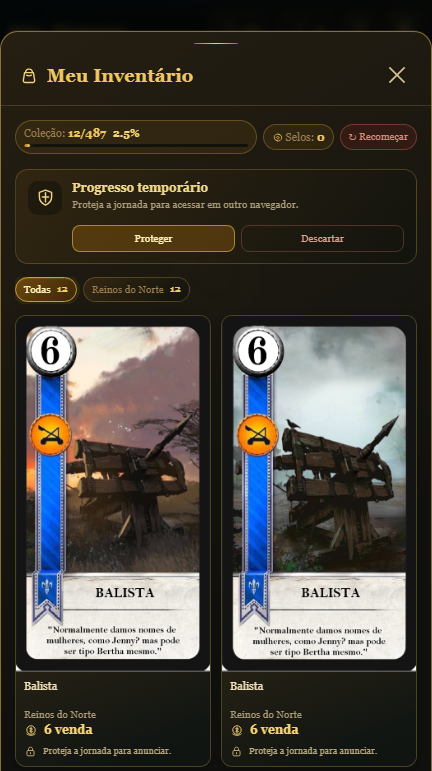 Tela de inventário do Gwent RPG