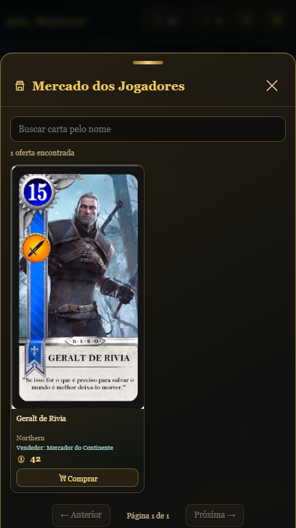 Tela do mercado dos jogadores do Gwent RPG