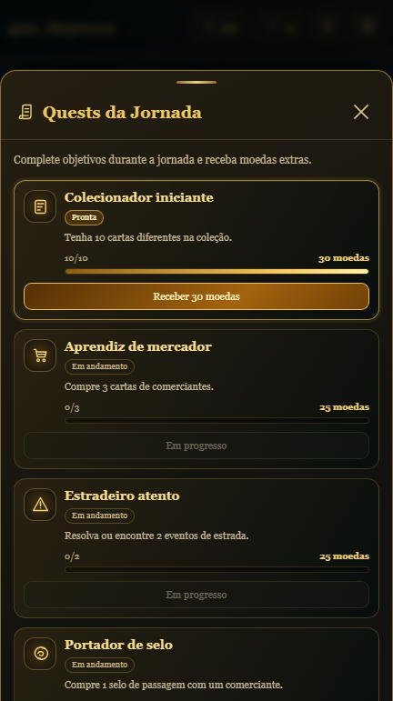 Tela de quests do Gwent RPG